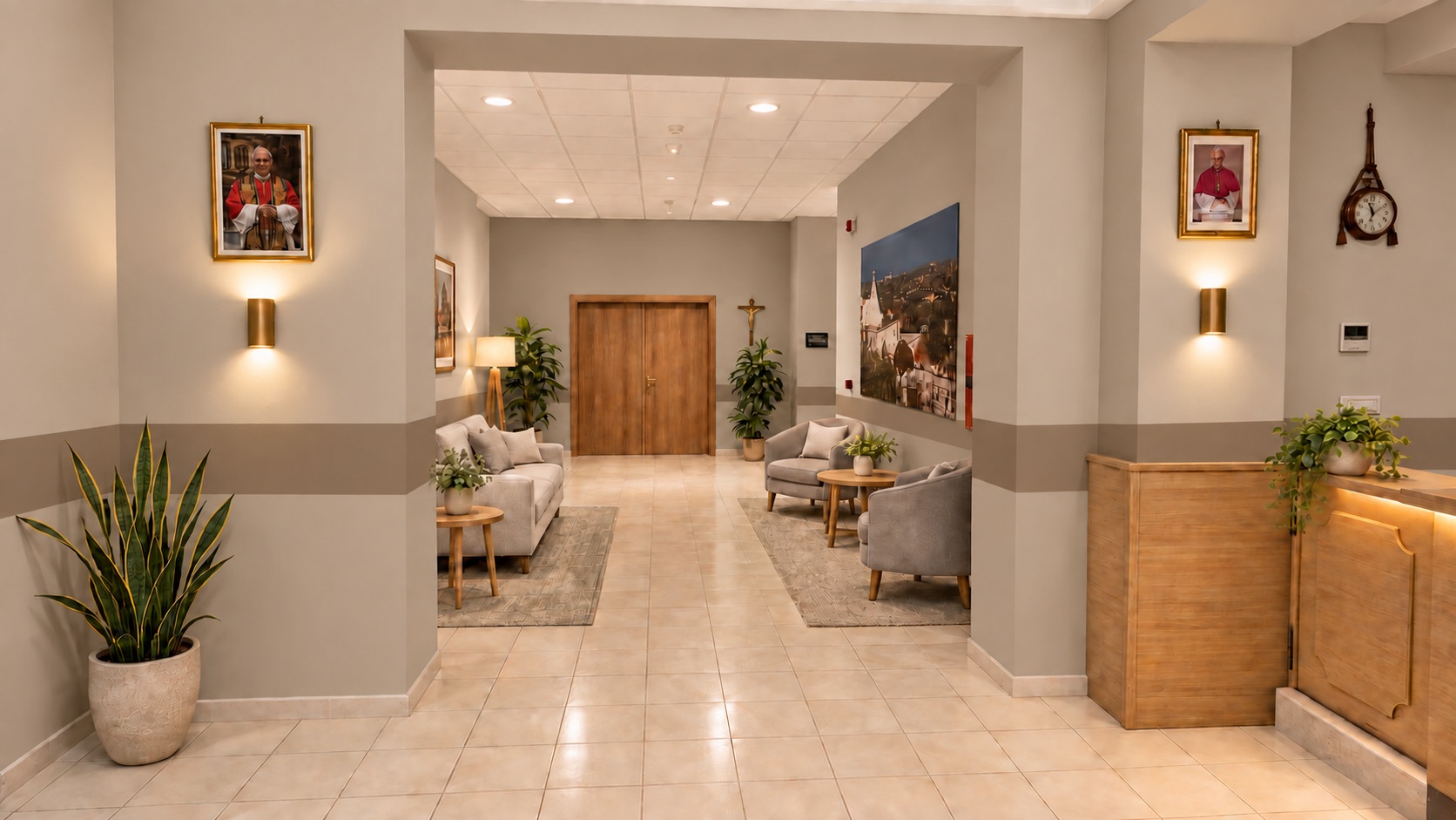 L’ingresso e la hall con divani, poltrone e piante accanto alla reception